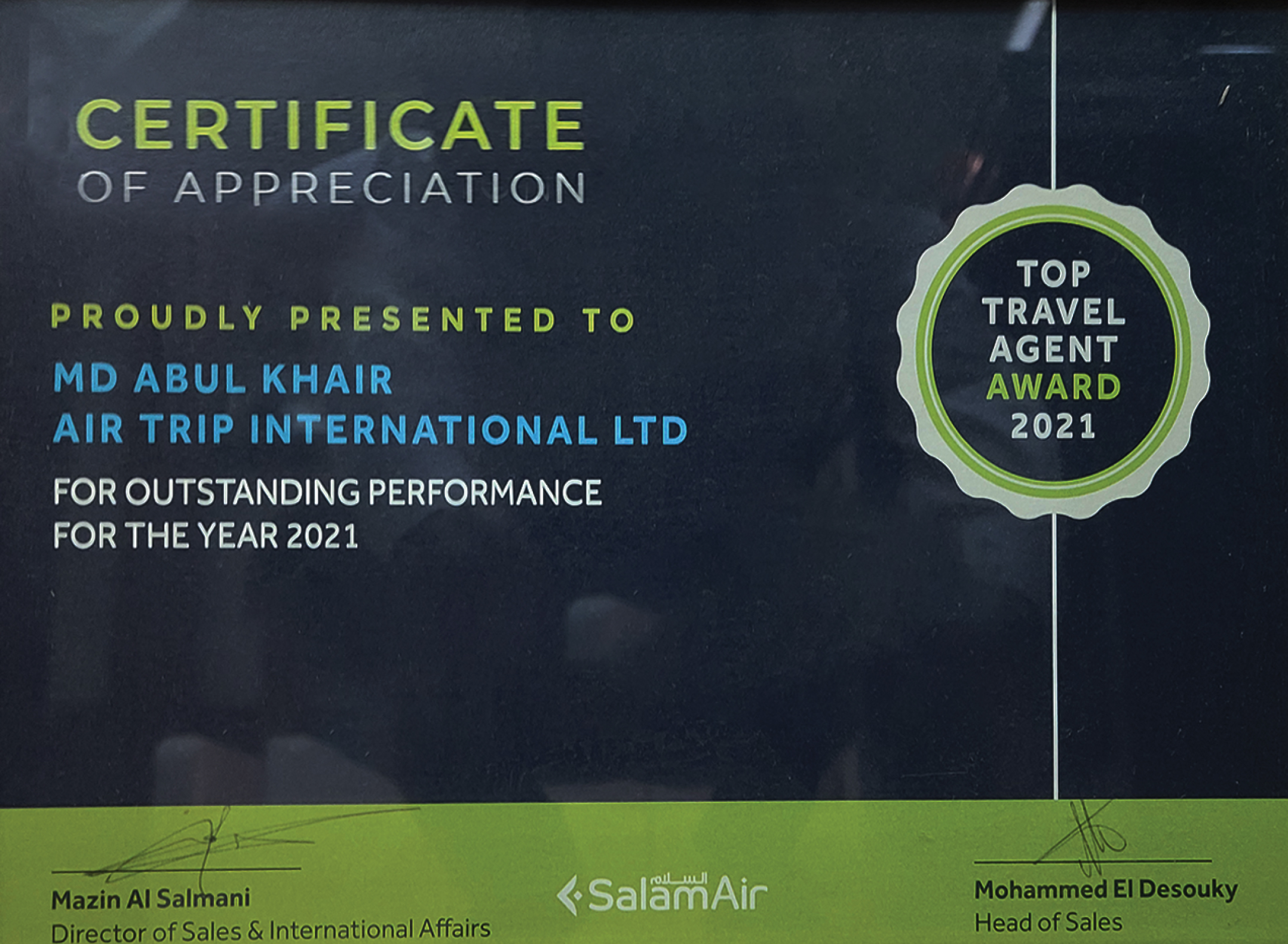 Appreciation Certificate from SalamAir 2021