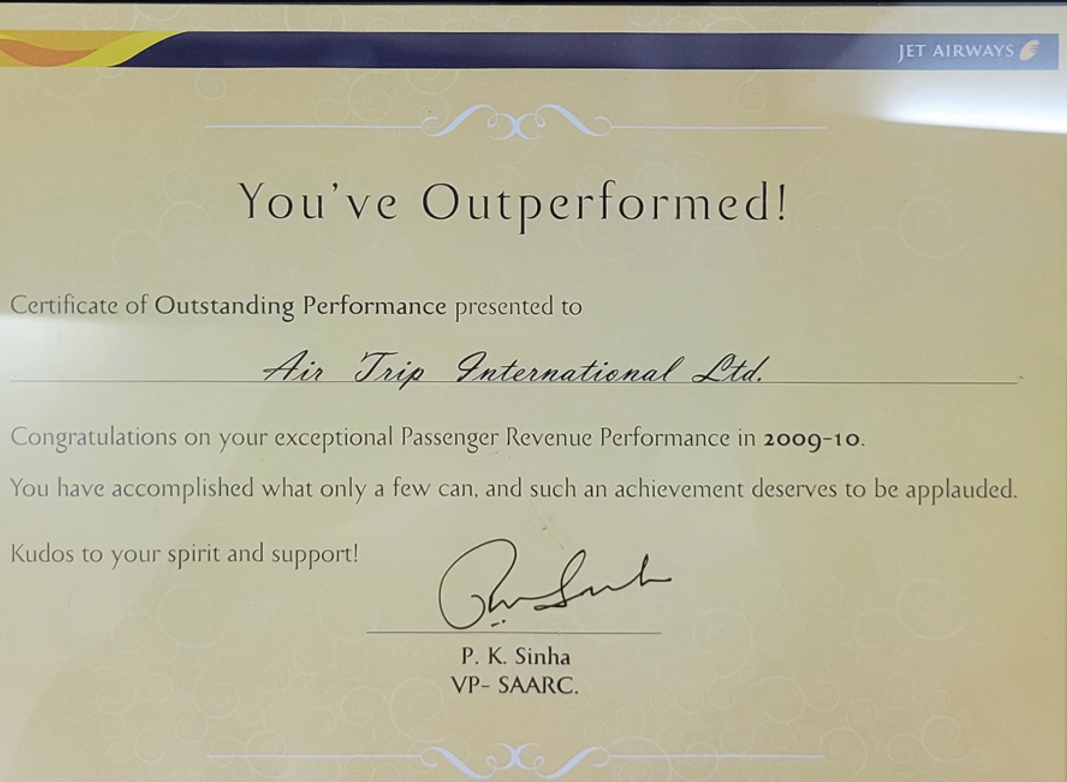 Outstanding Performance Certificate from Jit Airways